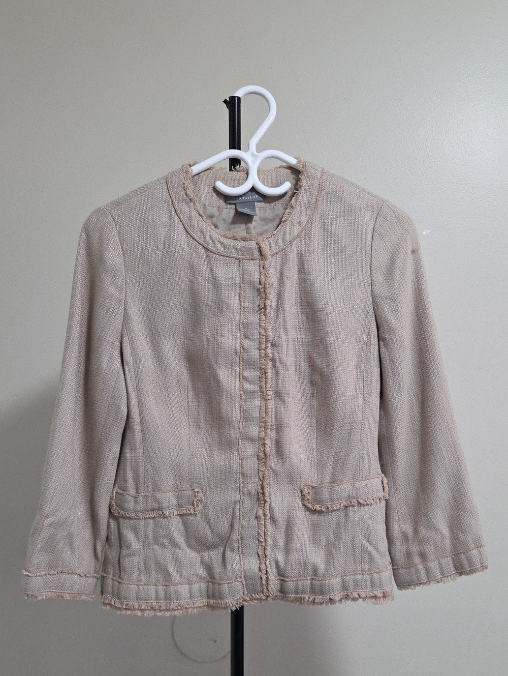 Ann Taylor Cream Fringe-Trim Collarless Jacket